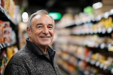 Fototapeta premium A smiling elderly man stands in a vibrant grocery store aisle, surrounded by colorful product shelves, radiating warmth and friendliness.