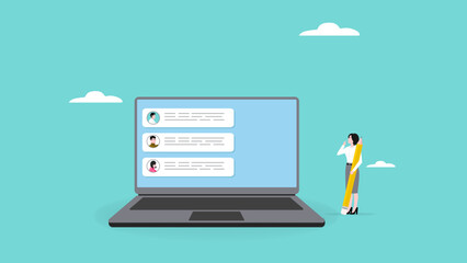 sending email, remote work collaboration, online collaboration to complete projects on business, businesswoman sending messages via email while carrying a big pencil