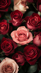 Obraz premium Close-up of vibrant roses in red, pink, and cream shades, romantic floral background, lush petals, elegant rose bouquet, detailed flower texture, blooming roses in various colors, natural beauty