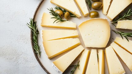 Aged Manchego cheese with golden hue and garnishes, presented elegantly against a soft gray backdrop.