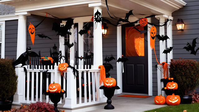 Halloween decoration in front of door, Halloween concept background, House decoration on Halloween day, ai generated
