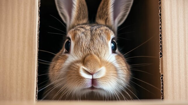 A close-up image of a curious rabbit with large eyes, peeking through an opening in a cardboard box, highlighting its face and whiskers..