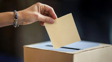 Fototapeta premium Hand Dropping A Blank Ballot Paper Into A Ballot Box. Voting Concept. Election. Democracy.(49 Words, 249 Characters)