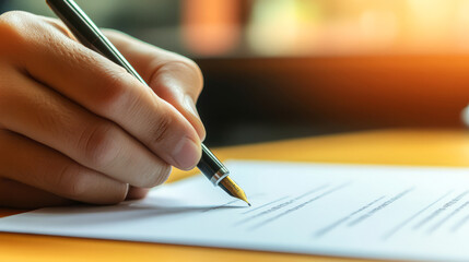 Hand Signing Document With Fountain Pen. Business Agreement, Contract, Signature. 