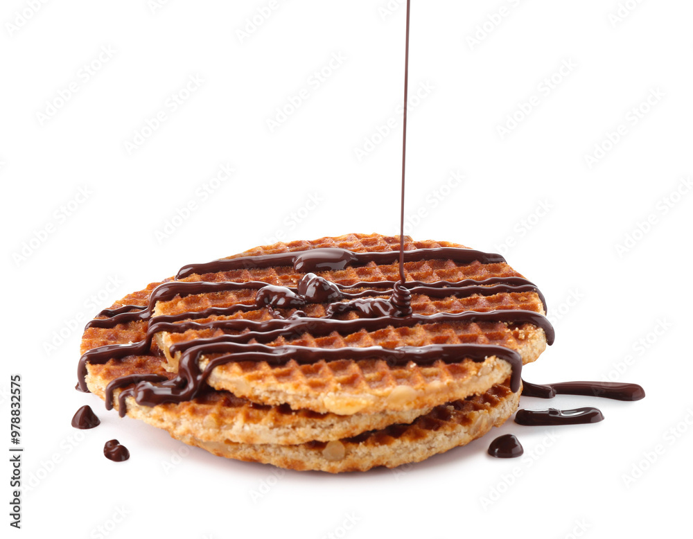 Sticker Pouring melted chocolate onto waffles isolated on white