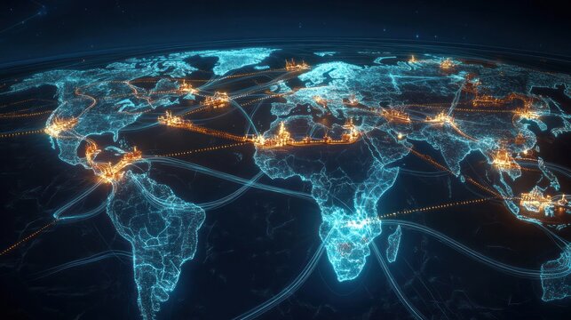 A global LNG transport map showing shipping routes, terminals, and storage facilities used to transport liquefied natural gas across continents