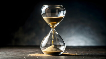 Hourglass with sand running down on dark background, signifying the passage of time, time, hourglass, sand, running, flow