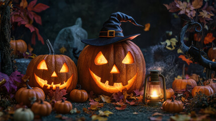 Obraz premium Spooky Halloween Pumpkins With Witch Hat And Lantern Surrounded By Fall Leaves.