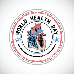 Fototapeta premium World Health Day Sticker, Badge, Stamp Design with Pink and Blue Heart in Round Shape Vector Illustration.
