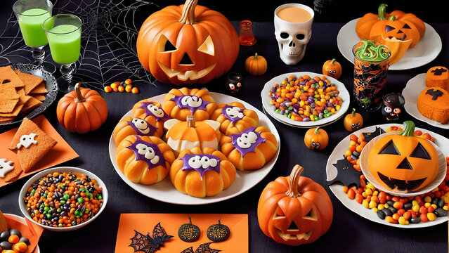 Halloween snacks concept background, Halloween day desserts, sweet dessert on Halloween, various unique snacks on Halloween, cute and unique desserts on Halloween day, ai generated