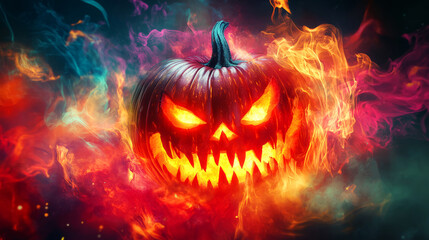 Fototapeta premium Fiery Halloween Pumpkin. Glowing Jack-O'-Lantern In Flames. Spooky Halloween.