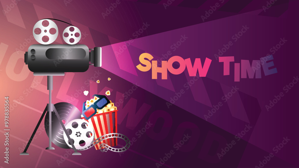 Wall mural Realistic Cinema or Movie Elements Decorated on Purple Background for Show Time Concept.