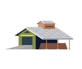 Stack of firewood and garage, woodpile for making fire. Felled tree trunks, wood storage. Flat vector illustration building and timber isolated on background. Sawmill, wood production and forestry