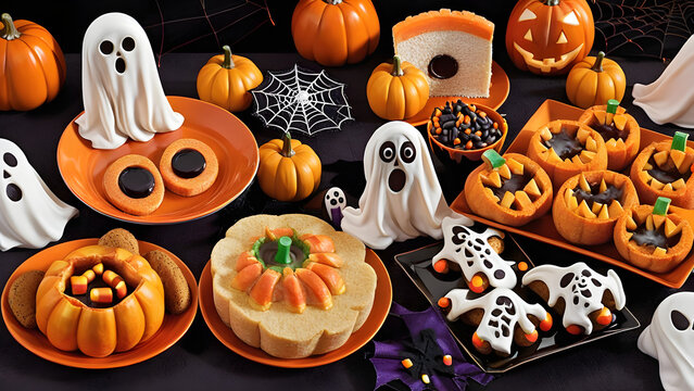 Halloween snacks concept background, Halloween day desserts, sweet dessert on Halloween, various unique snacks on Halloween, cute and unique desserts on Halloween day, ai generated