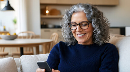 Smiling Woman With Grey Hair Using A Smartphone While Sitting On A Sofa.