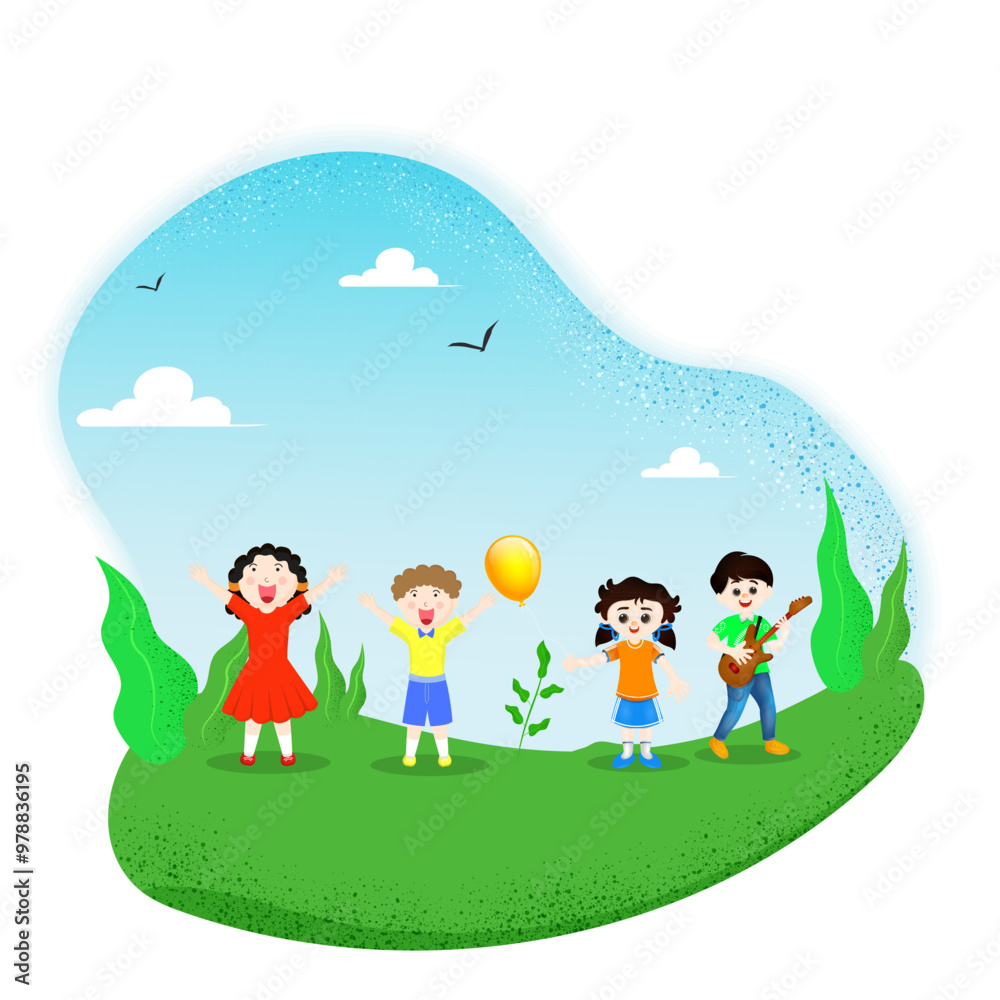 Poster group of little boy and girl enjoying with guitar instrument on abstract nature view background.