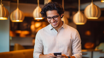 Young man with wavy dark hair and glasses, smiling as he looks at his smartphone in a warm cafe setting, with modern pendant lights in the background, creating a relaxed and cozy atmosphere.
