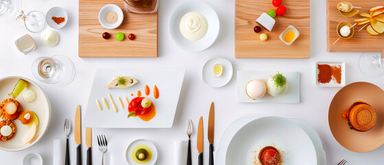 Table with variety of food and utensils, including forks, knives and spoons