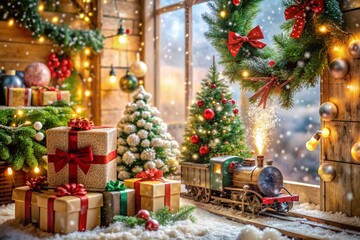 Fototapeta premium Gift boxes, garlands, a steam train and a Christmas tree in the home interior of the living room. A cozy concept for the Christmas holidays in 2025. We prepare gifts for our loved ones.