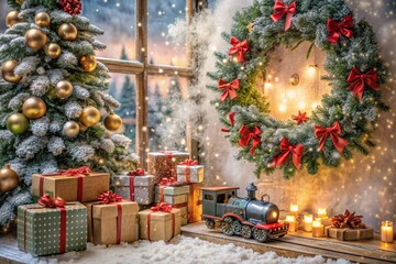 Fototapeta premium Gift boxes, garlands, a steam train and a Christmas tree in the home interior of the living room. A cozy concept for the Christmas holidays in 2025. We prepare gifts for our loved ones.