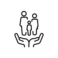 Thin Outline Icon Two Hands Holding or Hugging Group People Symbol or Family Line Sign Group Life Insurance, Caring Hands Family Medicine Vector Isolated Pictogram on White Background Editable Stroke.