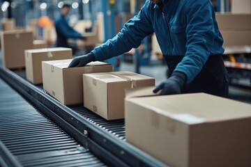 A worker in a high-visibility jacket overseeing automated conveyors, ensuring smooth international package flow in a modern sorting center