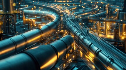 A modern pipeline network transporting fossil fuels from production sites to processing facilities, illustrating the key role of pipelines in energy transportation