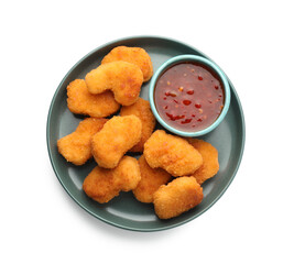 Plate with hot chili sauce and nuggets isolated on white, top view