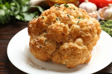 Delicious baked cauliflower with thyme on table, closeup