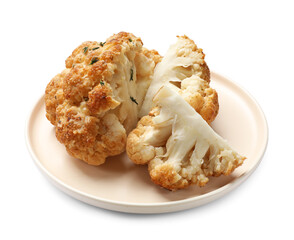 Pieces of delicious baked cauliflower isolated on white