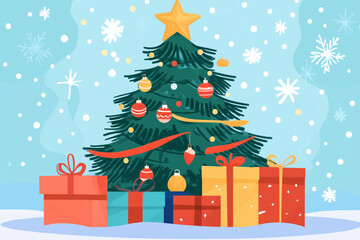 Naklejka premium Holiday gifts piled under a decorated Christmas tree.