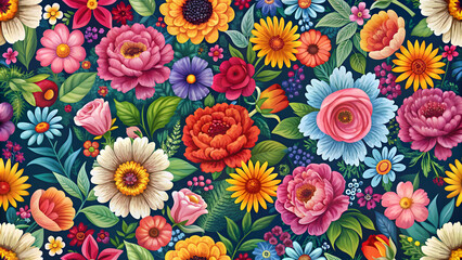 Seamless floral pattern with colorful blooming flowers, flowers, seamless, pattern, vibrant, colorful, spring, nature