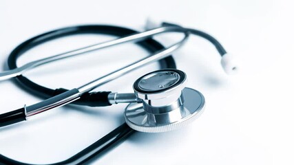 A close-up of a sleek stethoscope on a light surface, featuring a silver chest piece and flexible black tubing, ideal for healthcare content and conveying professionalism.