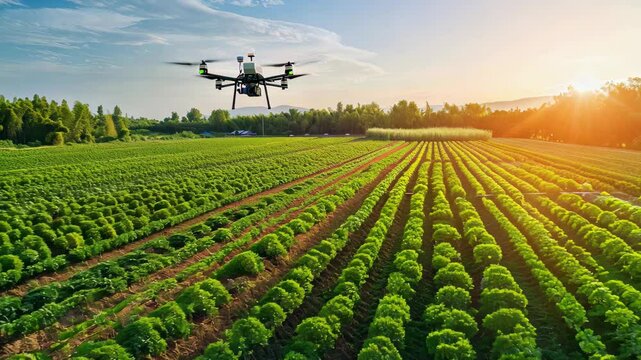 A aerial view captures lush agricultural fields with neat crop rows under a clear sky. A modern drone hovers above, highlighting precision farming and innovative technology.