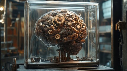 Steampunk Digital Brain: A Realistic Mechanical Brain in a Glass Case