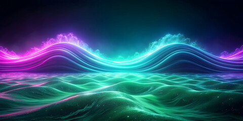 Green wave in the dark, blue purple neon background with scattered waves , neon, background, d render, waves, green, dark
