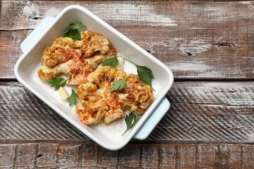 Tasty cauliflower steaks, parsley and garlic in baking dish on wooden table, top view. Space for text