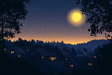 A village with houses lit up by windows and a full moon in the night sky seen through trees.