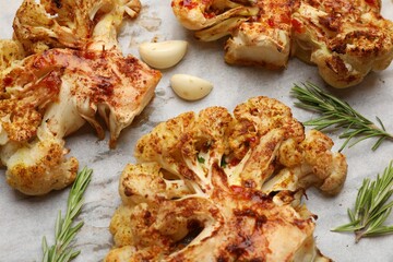 Tasty cauliflower steaks, rosemary and garlic on parchment paper, closeup