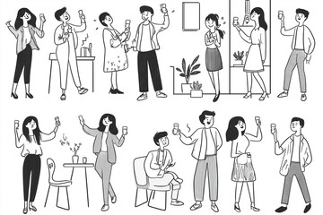 A collection of black and white illustrations depicting colleagues celebrating a successful project in a casual office environment. The style is simple line art