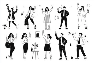 A collection of black and white illustrations depicting colleagues celebrating a successful project in a casual office environment. The style is simple line art