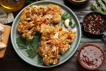 Delicious baked cauliflower steaks with sauce and spices on wooden table, flat lay