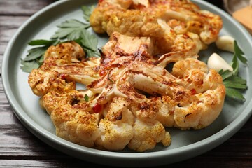 Delicious baked cauliflower steaks with garlic and parsley on wooden table, closeup