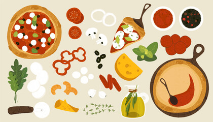 Pizza ingredients. Cartoon pizza with cheese, tomato sauce, pepperoni and mushrooms, italian homemade food flat style. Vector isolated set.eps