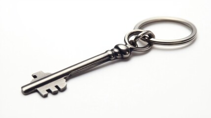 Silver Key with Keyring on White Background