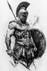 
A tattoo design of the Spartan warrior in black and white ink, with detailed shading that captures his muscular physique, holding an ancient shield and spear