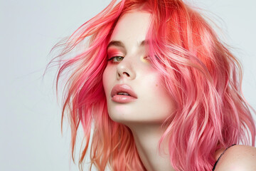Fototapeta premium A beauty concept studio shot of a woman with pastel hair in pink and lilac colors