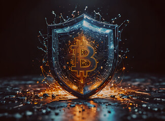 "A hacker attempting to breach a cryptocurrency wallet, only to be blocked by a glowing blockchain shield, symbolizing the security of decentralized finance."