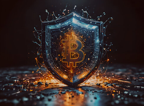 "A hacker attempting to breach a cryptocurrency wallet, only to be blocked by a glowing blockchain shield, symbolizing the security of decentralized finance."