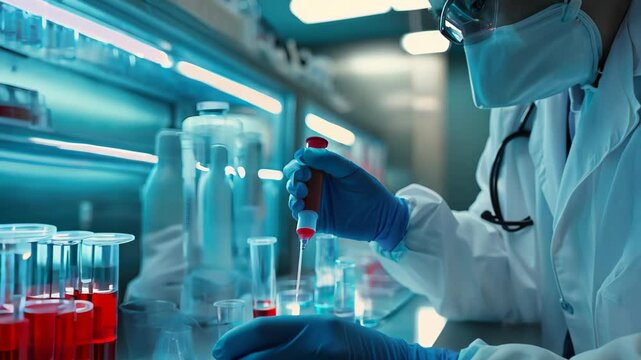 A focused lab technician in a white coat and gloves conducts experiments with vibrant red liquids in a modern lab, showcasing precision and professionalism in scientific research.